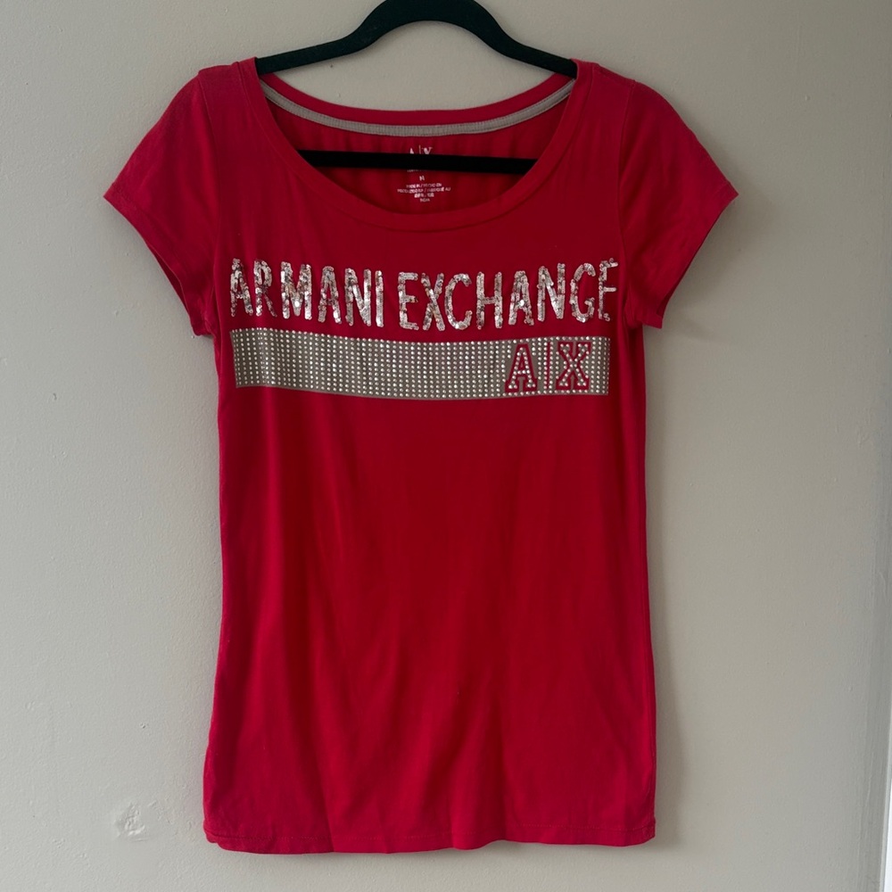 Armani Exchange Red Tee with Silver Accents